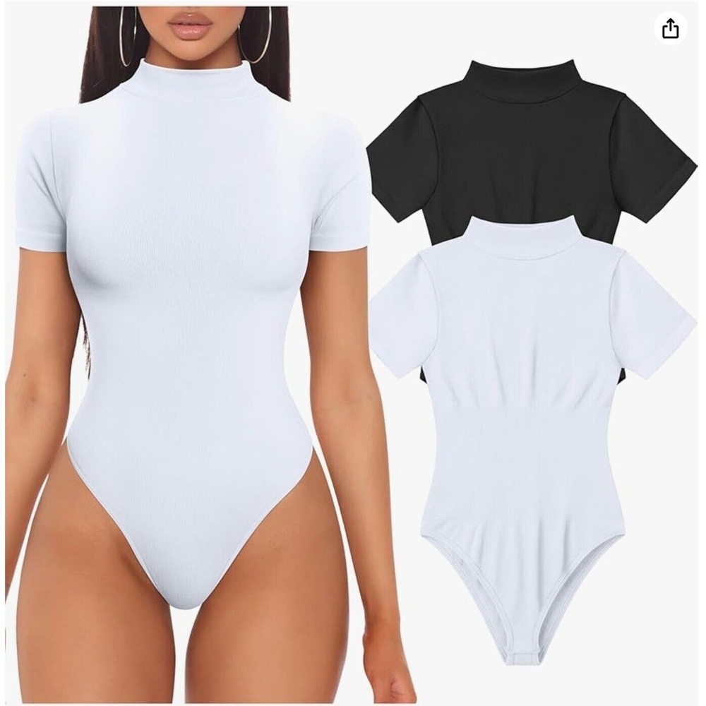 Women's 2 Piece Bodysuits Sexy‎ Ribbed High Neck Short Sleeve Black/White size M